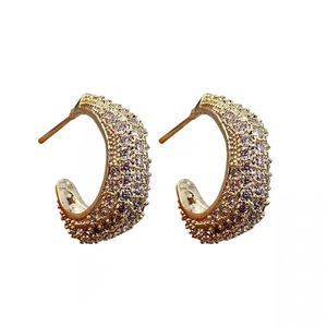 Elegant 18k gold plated C-shaped moon stud earrings featuring pink cubic zirconia stones