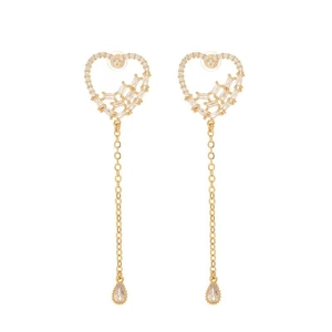Elegant gold-plated heart tassel earrings with sparkling crystals and teardrop pendants