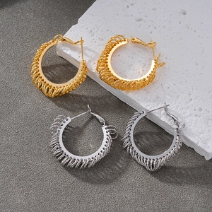 C-Shaped Hoop Earrings For Women With Spiral Winding Texture Copper 18K Gold Plated 925 Sterling Silver Earring Post