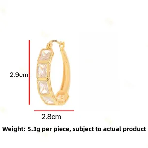 Detail view of 18K gold plated hoop earrings with square zircon stones and measurements
