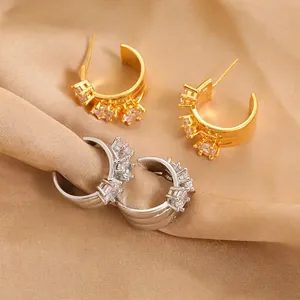 Copper C-Shape Hoop Earrings Sparkling Cubic Zirconia With 925 Sterling Silver Earring Post Korean Style Jewelry For Women