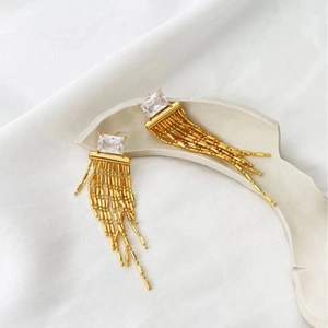 Elegant 925 silver needle drop earrings with square zircon and long gold tassels