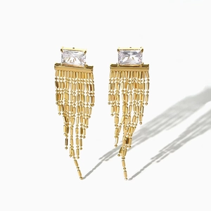 Elegant 925 silver needle drop earrings with square zircon and golden tassels
