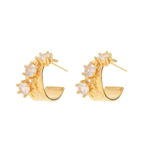 Star zircon C-shaped hoop earrings in gold-plated metal with multi-layer texture