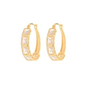 Elegant gold hoop earrings featuring five emerald cut clear cubic zirconia stones