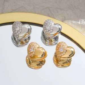 Heart Shaped Copper Earrings With 925 Sterling Silver Earring Post Cubic Zirconia Pave Polished Metal For Women Fashion