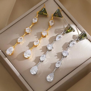 Geometric Long Drop Tassel Earrings Brass 18K Gold Plated Cubic Zirconia With 925 Sterling Silver Earring Post For Women