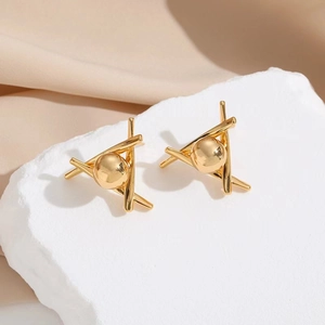 French style gold geometric triangle stud earrings with metal beads for women