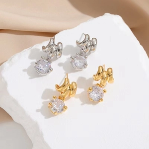 18k gold plated zircon drop earrings with spiral design in gold and silver finish