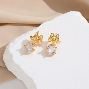 18k gold plated earrings with triple arched metal design and round zircon crystal drop