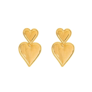 Polished 18k gold double heart pendant earrings made of durable stainless steel