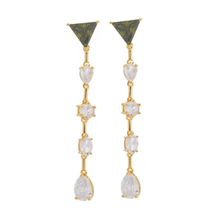 Elegant long geometric drop earrings with green triangular stone and white tassels