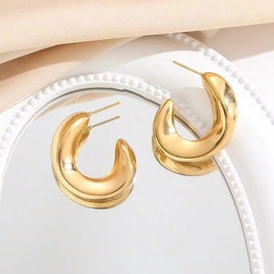 French style 18K gold plated stainless steel chunky C-shaped wavy hoop earrings for women