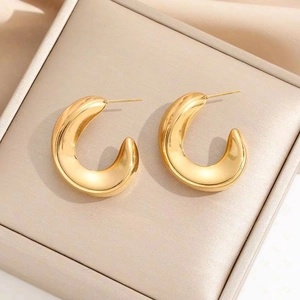 Chunky Hoop Earrings Stainless Steel 18K Gold Plated Wavy C Shape Irregular Polished French Style For Women