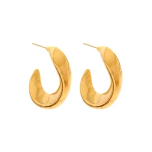 French style 18K gold plated stainless steel wavy C-shape hollow hoop earrings for women