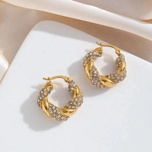 Créoles Torsadées Boucles D'oreilles Acier Inoxydable Plaqué Or 18K Avec Zircone Bijoux De Mode Pour Femmes