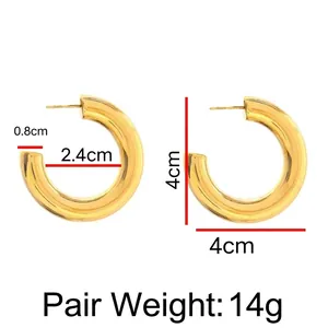 Chunky 18K gold plated C-shaped hoop earrings with 4cm diameter and hollow design
