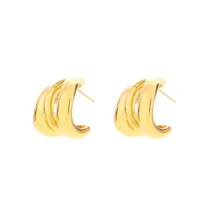 Three-layer golden hoop earrings with overlapping curved metallic design for women