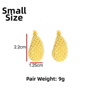 Detail of small 24k gold plated drop earrings with textured durian surface and dimensions