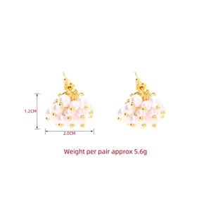 Elegant 3D pearl flower cluster earrings with gold finish, sized 1.2cm x 2.0cm
