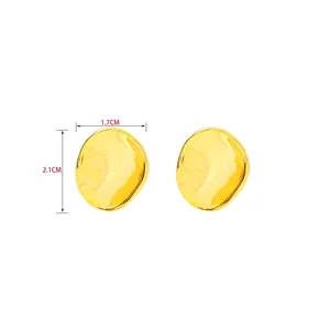 Irregular golden oval leaf earrings with polished wavy texture, size 1.7x2.1cm, weight 8g
