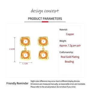Elegant 18k gold plated square earrings with pearl inlay for women in a minimalist style