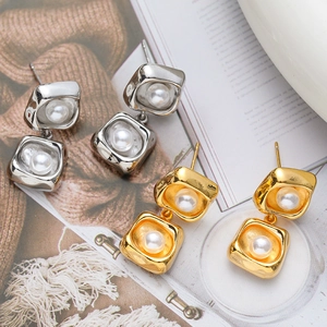 Geometric Square Drop Earrings With Faux Artificial Pearl 18K Gold Plated Copper Vintage Jewelry For Women 925 Sterling Silver Earring Post