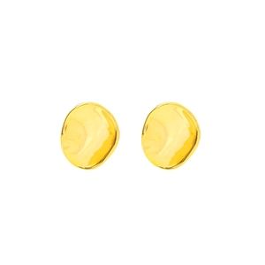 Detailed view of irregular golden metal stud earrings with wavy lava texture