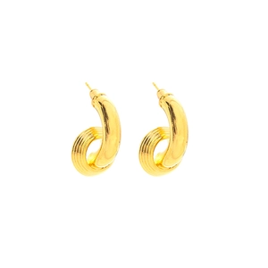 Retro C-shape gold earrings featuring twisted smooth and textured 18K plated metal