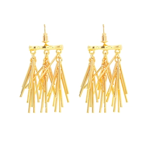 Exaggerated long metal tassel earrings with 18K gold plating and bamboo style top detail