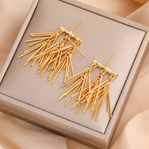 Exaggerated 18K gold plated long tassel drop earrings on champagne silk jewelry gift box