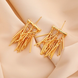 Exaggerated 18K gold plated long tassel earrings with bamboo texture on silk background