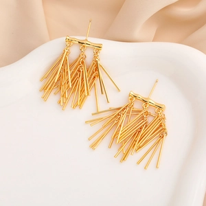 Tassel Drop Earrings 18K Gold Plated Copper Bamboo Texture Long Fringe Elegant Dangle Jewelry For Women