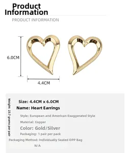 Detailed size specifications of bold gold-plated heart-shaped hoop earrings in copper