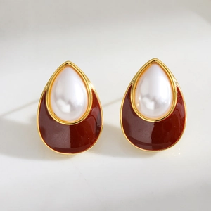 Boucles d'oreilles vintage goutte d'eau avec perles et œil de chat rouge doré à l'or