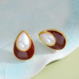 Boucles D Oreilles Vintage En Forme De Goutte D Eau Avec Émail Rouge Et Fausse Künstliche Perle En Laiton Plqué Or