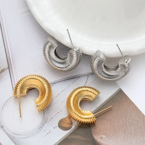 Hoop Ohrringe Gerippt C Form Geometrisch Chunky Kupfer 18K Vergoldet Vintage Schmuck Für Damen