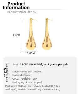 Detailed size specifications for minimalist gold water drop earrings with 3.4cm height
