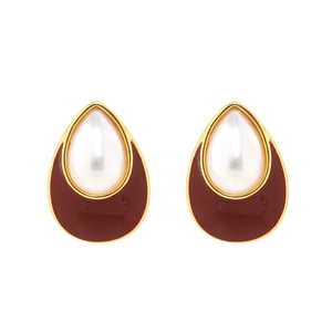 Boucles d'oreilles vintage en forme de goutte avec perle, émail rouge et cuivre doré