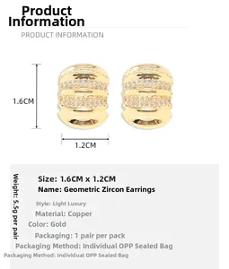 Detailed size specifications for gold-plated C-shaped earrings with zircon stones