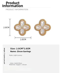 Detailed size parameters of 18K gold plated clover earrings with zircon inlay