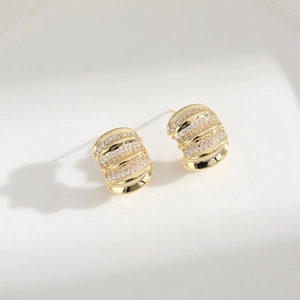 Gold-plated C-shaped earrings with triple row micro-pave cubic zirconia stones
