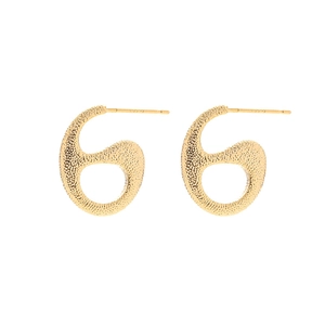 Golden snake-shaped earrings with textured hammered finish on a clean white background