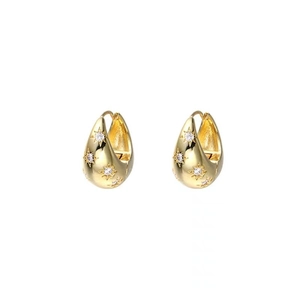 Golden drop-shaped earrings with starburst engraving and sparkling white zircon stones