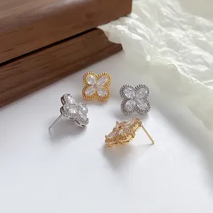 Four Leaf Clover Stud Earrings Copper 18K Gold Plated Marquise Cut Cubic Zirconia Flower Elegant Jewelry For Women