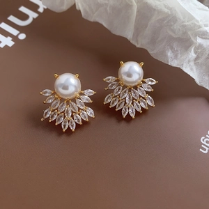 Elegant gold bee stud earrings with white pearl and marquise-cut cubic zirconia accents