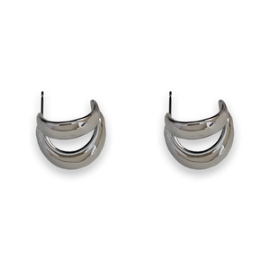 Silver double-layer C-shaped hoop earrings with a sleek minimalist metallic finish