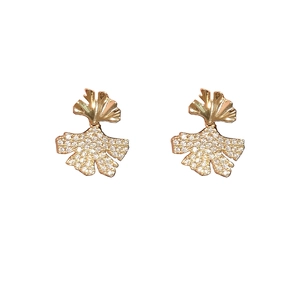 Elegant gold ginkgo leaf stud earrings with sparkling pave-set white zircon stones