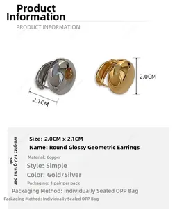 Detailed size and material chart for round geometric copper earrings in gold and silver