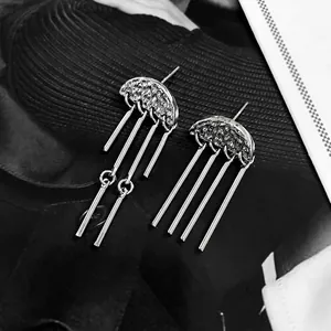 Silver geometric tassel earrings with hammer-textured studs and hanging metal bars